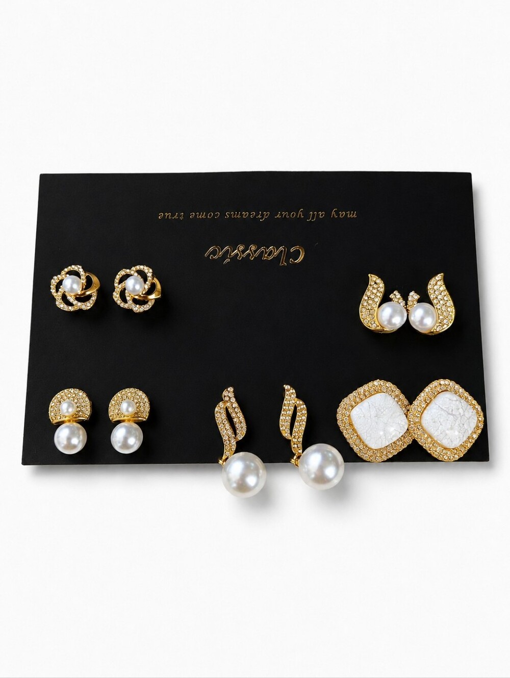 5 Pairs Gold Plated Pearl Earrings Set Crystal Inlaid Dangle Stud Premium